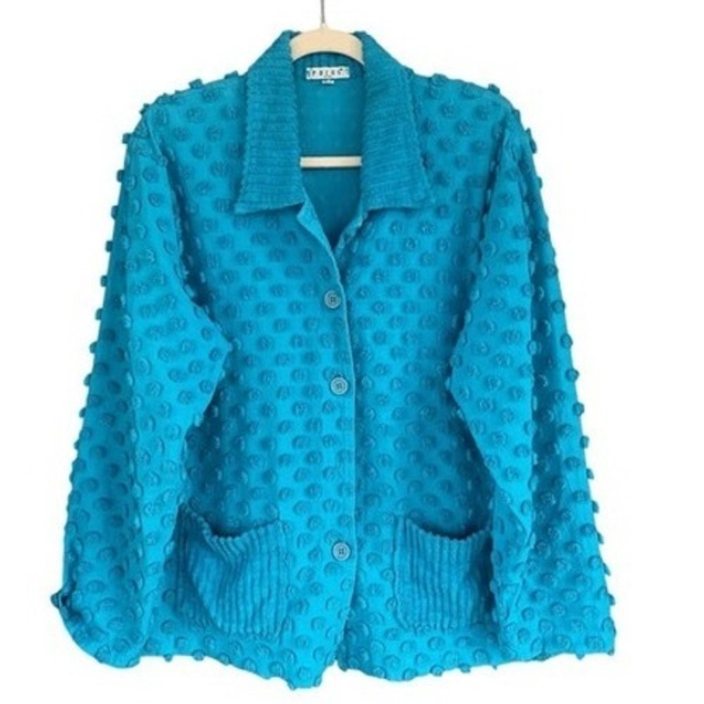 J1 Focus Blazer Medium Blue Textured Pom Pom Artsy Button Front 1990s Vintage